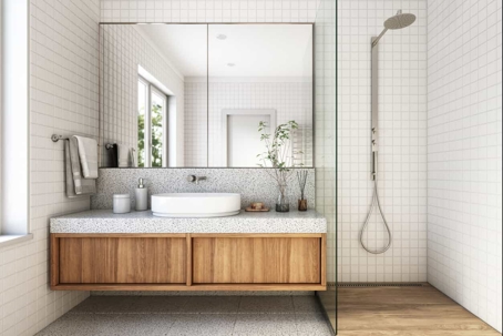 a bathroom with wood accents
